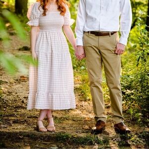 Beige and white gingham cottagecore dress